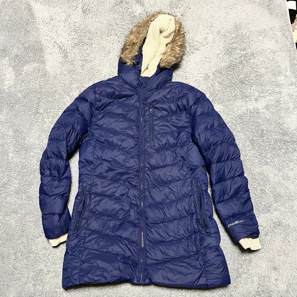 Eddie Bauer Puffer Jacket Kids Youth Large 14 Blue Long Down Hooded Coat